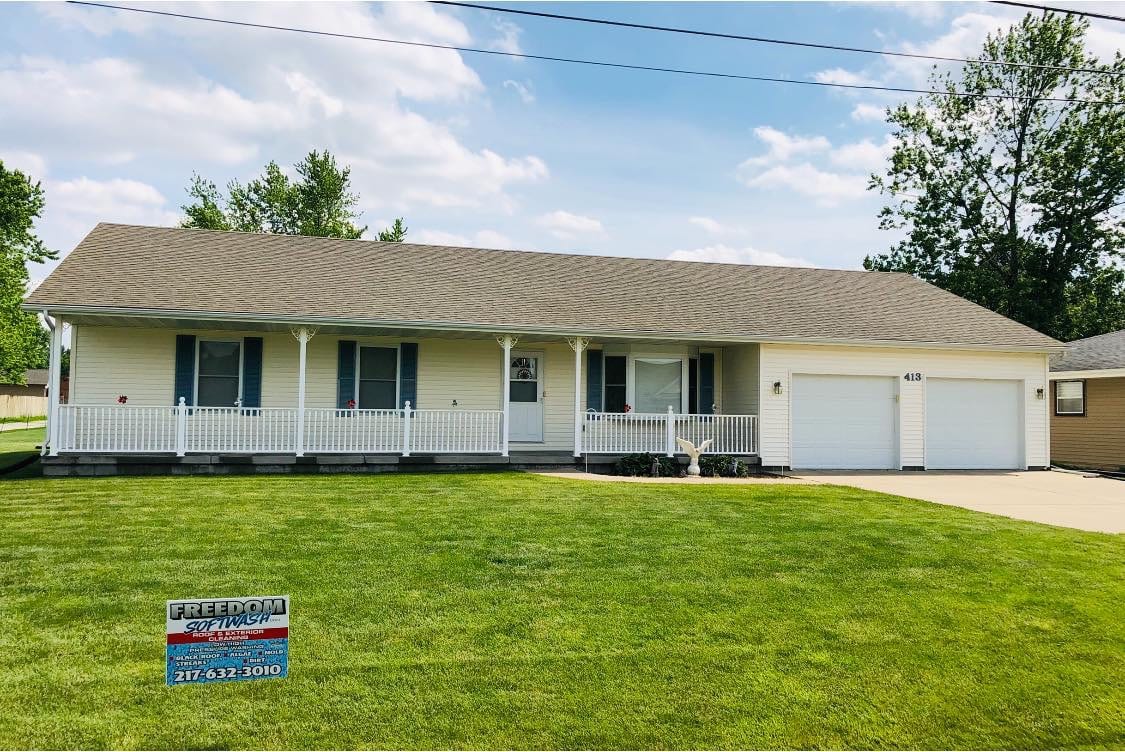 Freedom Softwash is an effective method of cleaning your roof. It’s safe on shingles and maintains the life cycle of your roof. Contact us to schedule a time to have your roof soft washed with our SoftWash Systems biodegradable, non-toxic treatment that prevents new molds, mildews, algae, and mosses from taking up residence for up to 6 times longer than traditional pressure washing services. If you have any questions about the service or the treatments used, contact us today. According to the Asphalt Roofing Manufacturer's Association (ARMA), algae is the number one reason your roof becomes discolored over time. The growth of this fungus roots itself deep within your shingles, and takes much more than a bit of scrubbing to remove entirely. But - ARMA warns that traditional high-pressure washing systems should not be used on your roofing shingles, and for two reasons: High-pressure washing systems can degrade your shingles and shortening their lifespan High-pressure only removes surface level debris and doesn't get at the root of the issue - the algae growth The best aspect of having your roof cleaned by us is the promise of no damage. Our soft washing is performed with little to no pressure, unlike traditional pressure washing that can seriously shorten the life cycle of your roof. SoftWash Systems’ proprietary blend of cleansers kills all mold and mildew, eradicating those green stains and black streaks. The application process won’t damage your shingles or any of the layers beneath. All roofing is delicate and needs to be handled with care. We have dedicated ourselves to not just the removal of these stains, but to understanding what it is, why it develops, and how best to remove it without damaging any surfaces or structures. By using our soft wash service, these contaminants are removed properly and won’t return for up to six times longer than traditional pressure washing. IF YOU'D LIKE TO SEE WH